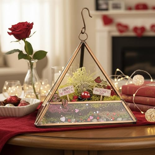 D'Eco Glass Copper Mini Triangle Tabletop or Hanging Planter Terrarium | Geometric Planter Terrarium, Fill Display w Succulents, Moss, Air Plants, Ferns, Home, Wedding & Office Decor, Dims:5x5x5"
