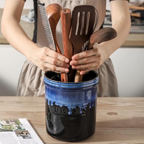 KOOV Cooking Utensil Holder, Large Ceramic Utensil Crock, Deep and Stable, Utensil Caddy for Countertop, Reactive Glaze (Nebula Blue) - color: Nebula Blue