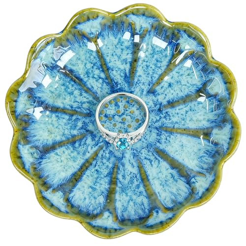 SEEDUSTRY Ceramic Jewelry Tray, Petal Ring Dish, Small Ceramic Jewelry Trinket Holder, Desktop Decoration, Dainty‌ Plate for Rings, Earrings, Necklace, Gifts for Mother Girlfriend Daughter Sister - color: Sunflower Blue