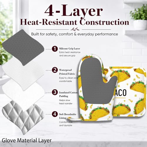 Taco Time Heat-Resistant Oven Mitts and Pot Holder Kitchen Non-Slip Silicone Cooking Microwave Gloves for Cooking Baking Grilling - color: Taco Time