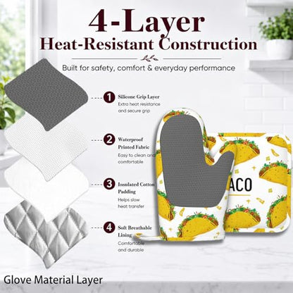 Taco Time Heat-Resistant Oven Mitts and Pot Holder Kitchen Non-Slip Silicone Cooking Microwave Gloves for Cooking Baking Grilling - color: Taco Time