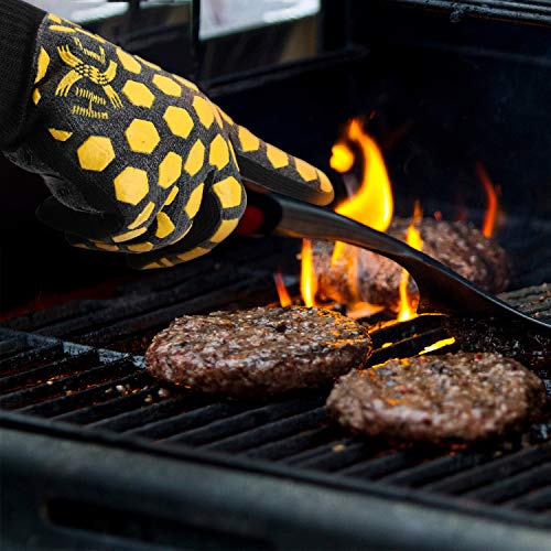J H Heat Resistant Oven Glove:EN407 Certified 932 °F, 2 Layers Silicone Coating, Oven Mitts for Cooking, Kitchen, Fireplace,Camping, Grilling (Black/Yellow, Regular Cuff) - color: Black/Yellow, size: Regular Cuff