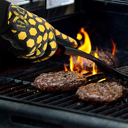 J H Heat Resistant Oven Glove:EN407 Certified 932 °F, 2 Layers Silicone Coating, Oven Mitts for Cooking, Kitchen, Fireplace,Camping, Grilling (Black/Yellow, Regular Cuff) - color: Black/Yellow, size: Regular Cuff