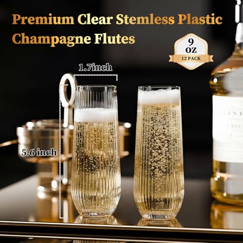 GuanQiao 12 Pack Stemless Plastic Champagne Flutes, 9oz Ribbed Disposable Champagne Glasses. Heavy Duty Shatterproof Mimosa Glasses for Party Wine Tasting Wedding New Years Eve Party Supplies - color: Clear, size: 12-pack