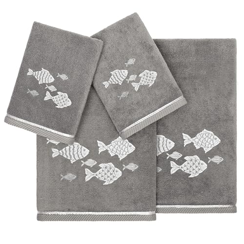 Treasure 4-Piece Premium Towel Set, Sparkling Applique Fish, Ultra Plush Turkish Cotton, Durable, Perfect for Bathroom, 2 Bath 2 Hand Towels, Charcoal - color: Charcoal, size: 2 Pcs Bath 2 Pcs Hand Towel