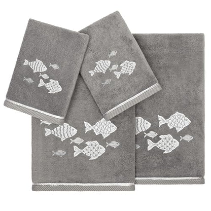 Treasure 4-Piece Premium Towel Set, Sparkling Applique Fish, Ultra Plush Turkish Cotton, Durable, Perfect for Bathroom, 2 Bath 2 Hand Towels, Charcoal - color: Charcoal, size: 2 Pcs Bath 2 Pcs Hand Towel