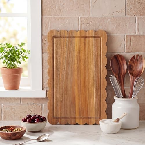 3 Pcs Housewarming Wedding Bridal Shower Kitchen Gift, Acacia Wood Scalloped Cutting Board with Salad Spoon Fork, Wooden Charcuterie Serving Tray Platter for New Home Party Table Decoration