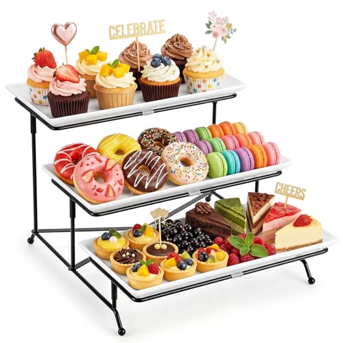3 Tier Serving Tray, 12 Inch Dessert Display Stand, Black Stand | 3*Porcelain Durable Serving Plates, Microwave/Dishwasher Safe, Modern Cupcake Fruit Buffet Display, Wedding/Tea/Party serving - color: Black, size: 12 Inch