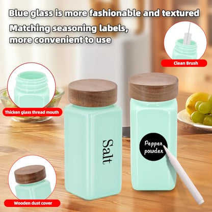 6Pcs 4 oz Square Glass Spice Jars with Label, Empty Spice Containers with Wooden Lids, Square Seasoning Containers and Supplement Set, Small Seasoning Bottles for Salt, Sugar, Pepper (Turquoise) - color: Turquoise