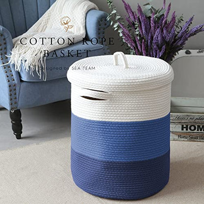 Sea Team Large Woven Cotton Rope Laundry Basket with Lid, 20 x 16 in | Collapsible Knitted Hamper with Handles, Lidded Closet Shelf Organizers for Clothing, Blankets, Toys, Bedding, Navy - color: White & Navy Blue