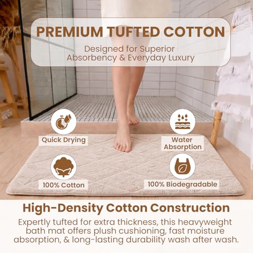 C23 20"x32" 100% Cotton Washable Bath Mat - 210 GSF Non-Slip Rug, Beige | Cushioned spa texture, reliable latex base grip, modern geometric aesthetic, perfect for master baths and guest rooms - color: Beige