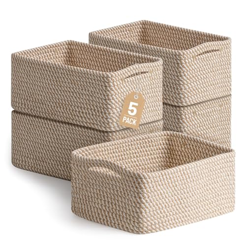 5 Pack Small Woven Storage Baskets for Shelves, Gift Baskets Empty | 11.8"x7.9"x4.7", Decorative Cotton Rope Baskets Organizer, Soft Storage Bins for Organizing Bathroom, Closet, Nursery, Khaki - color: Khaki