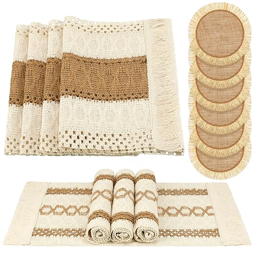 Xuhal 13 Pcs Boho Placemats and Table Runner Set Farmhouse Round/Rectangular Woven Placemats Cotton Macrame Table Runner 11.8 x 78.7 Inch Rustic Decor for Dining Kitchen Spring Tea Party - style: Stylish Style