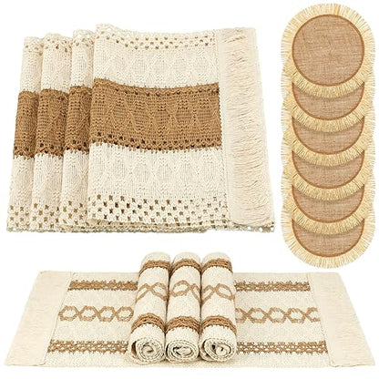 Xuhal 13 Pcs Boho Placemats and Table Runner Set Farmhouse Round/Rectangular Woven Placemats Cotton Macrame Table Runner 11.8 x 78.7 Inch Rustic Decor for Dining Kitchen Spring Tea Party - style: Stylish Style