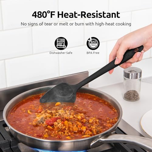 U-Taste 480ºF Heat Resistant Food Grade Silicone Spoon Spatula Set of 3, and 600℉ Heat-Resistant Food-Grade Non-Stick Firm Cooking Tong Set of 2 (Black)