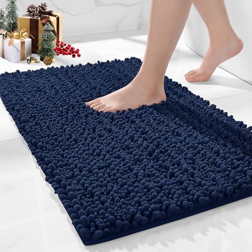 Bathroom Rugs Non Slip Washable, Extra Thick Soft Chenille Absorbent Bath Mat, High Density Barrier Non Slip Backing, Quick Dry Plush Shaggy Floor Carpet for Tub&Shower 24x17, Navy - color: Navy, size: 24" X 17"(Small Bathroom Rug)