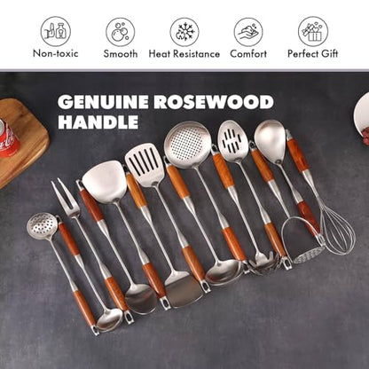 15” Metal Kitchen Utensils Set with RooseWood Handle - 18/10 Stainless Steel Cooking Utensils, 14 PCS Large & Small Spoons Set - Whisk, Masher, Fork, Spatula, Turner, Ladle, Skimmer, Pasta