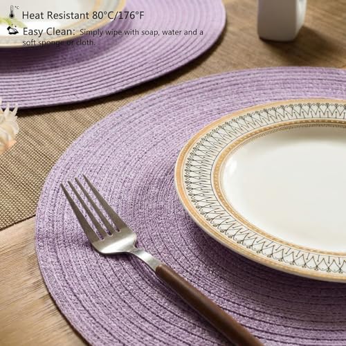 FunWheat Round Braided Placemats Set of 8 Place mats for Dining Tables Woven Heat Resistant Table Mats 15 inch (Light Purple,8pcs) - color: Light Purple, size: 8pcs