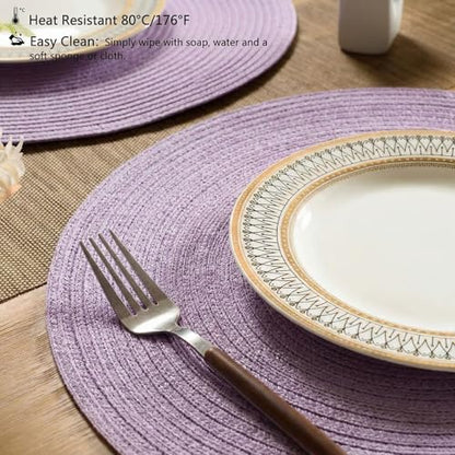 FunWheat Round Braided Placemats Set of 8 Place mats for Dining Tables Woven Heat Resistant Table Mats 15 inch (Light Purple,8pcs) - color: Light Purple, size: 8pcs