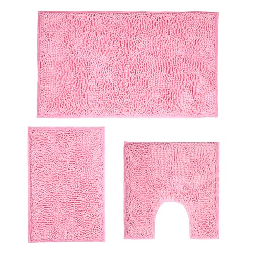 Pink Bathroom Rugs Sets 3 Piece Washable, Luxury ，Chenille Bath Mat Set, Soft Plush Anti-Slip Rectangular Bath， Rug Super Absorbent.3 Pieces Bathroom (Pink, 32"x20"+24"x16"+U Shape 20"x20") - color: Pink, size: 32"x20"+24"x16"+U Shape 20"x20"