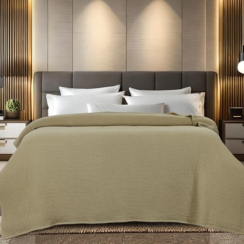 100% Cotton Waffle Weave Blanket, Twin Size 60 x 90 Inches, 300 GSM Lightweight Breathable Cooling Bed Blanket for Summer & All Season, Soft Woven Blanket, Khaki - color: Khaki, size: 60x90-Twin