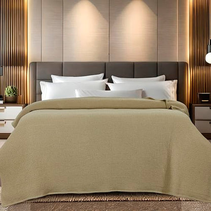 100% Cotton Waffle Weave Blanket, Twin Size 60 x 90 Inches, 300 GSM Lightweight Breathable Cooling Bed Blanket for Summer & All Season, Soft Woven Blanket, Khaki - color: Khaki, size: 60x90-Twin