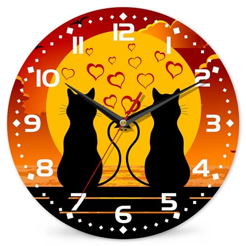 Two Cats in Love Seaside Wall Clock, Contemporary Easy to Read Decor for Living Room, Bedroom, Bathroom, and Kitchen, 10 Inch - color: Two Cats in Love Sitting on Seaside