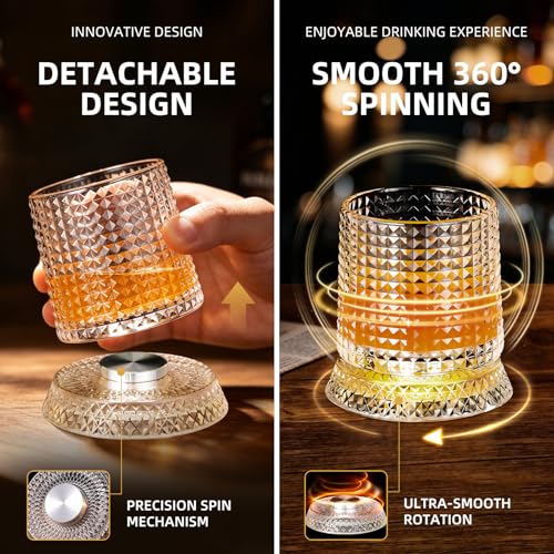 Luxury 360° Spinning Crystal Whiskey Glass Set Of 2, Rotating Old Fashioned Rocks Glasses & & 4 Color Lighting, Scotch & Bourbon, Cocktail Glasses for Bar, Party, Home and Gift (Grid) - color: Grid