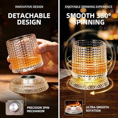 Luxury 360° Spinning Crystal Whiskey Glass Set Of 2, Rotating Old Fashioned Rocks Glasses & & 4 Color Lighting, Scotch & Bourbon, Cocktail Glasses for Bar, Party, Home and Gift (Grid) - color: Grid