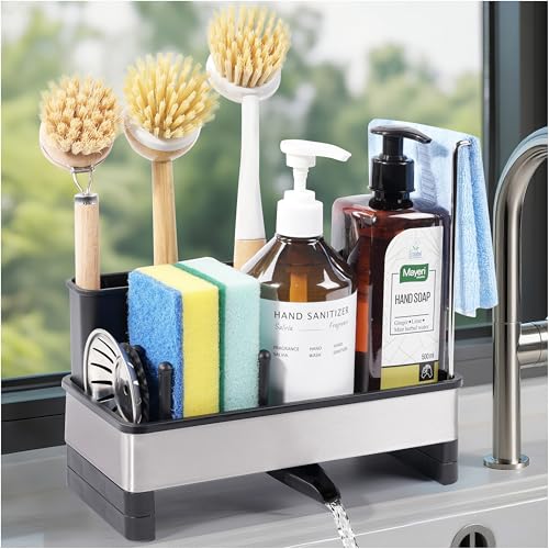 Sponge Holder for Kitchen Sink Caddy Organizer, Dish Brush Holder | Stainless Steel Sponge Caddy for Kitchen Countertop Organizer, Rustproof Dish Soap and Sponge Rack with Dishcloth Drying Rack - color: Black
