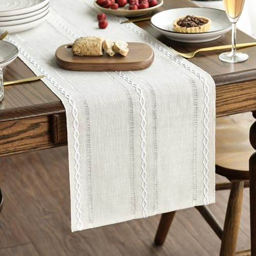 Artoid Mode Beige Rustic Cotton Linen Table Runner, Seasonal Embroidered Hollow Kitchen Dining Table Decoration for Home Party Decor 13x60 Inch - color: Beige, size: 13" x 60"