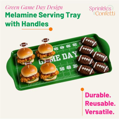 Green Game Day Melamine Serving Tray with Handles Reusable Sports Platter | By Sprinkles & Confetti BPA-Free Tailgates Birthdays Parties Durable Charcuterie Snacks Wings Entertaining Food Display - color: Green - Game Day
