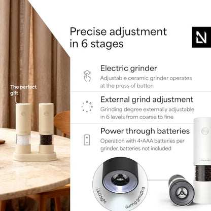 LARS NYSØM Electric Salt and Pepper Grinder Set I Automatic Salt and Pepper Mills with Adjustable Ceramic Grinder I AAA-Battery Operated Electric Spice Mill Set (Black/White) - color: Carbon Black / Pure White