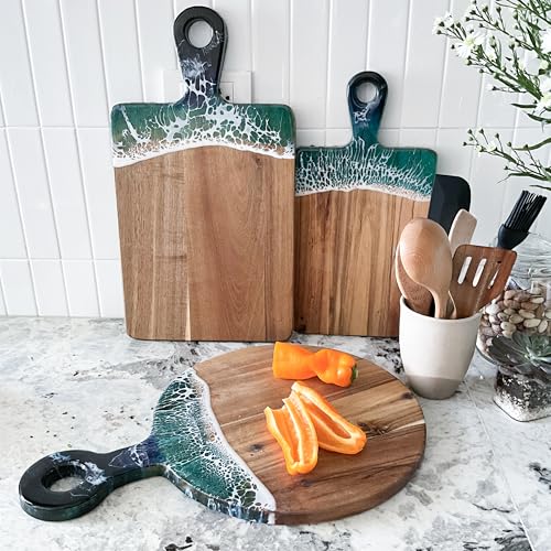 Acacia Wood Serving Board with Ocean Resin Art, 14.6" x 10.2" Charcuterie Cheese Tray for Display & Prep, Cutting Board on Back, Includes Stand & Loofah, Christmas Housewarming Gift (Round) - color: Round Cutting Board, size: Small