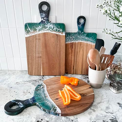 Acacia Wood Serving Board with Ocean Resin Art, 14.6" x 10.2" Charcuterie Cheese Tray for Display & Prep, Cutting Board on Back, Includes Stand & Loofah, Christmas Housewarming Gift (Round) - color: Round Cutting Board, size: Small