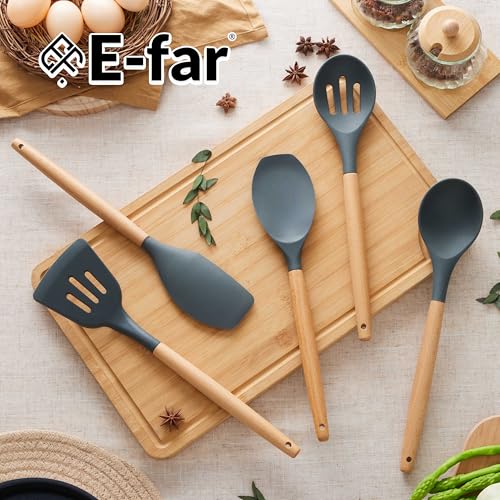 E-far Silicone Cooking Utensils Set, 5-Piece Kitchen Utensils Set with Wooden Handle for Cooking, Silicone Kitchen Nonstick Tools Spatula Turner Slotted Spoons, Nontoxic & Heat Resistant-Gray - color: Gray, size: 5