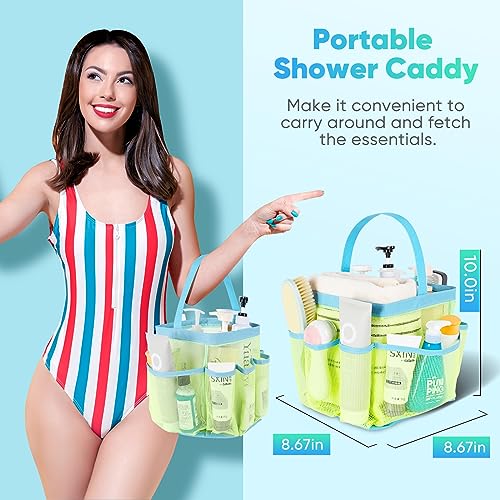 EUDELE Mesh Shower Caddy Portable, 8-Pocket Large Capacity, Quick Dry, Easy Clean, Ideal for Beach, Swimming, Gym, Travel - color: Fluorescent Green-Light Blue