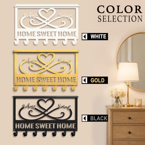 Personalized Metal Key Holder with Shelf, Coat Rack Wall Mount | Custom Names Heart Wall Key Holder with Shelf for Entryway Bedroom, Anniversary & Wedding Gift for Couples - color: Color 01