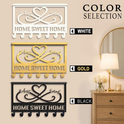 Personalized Metal Key Holder with Shelf, Coat Rack Wall Mount | Custom Names Heart Wall Key Holder with Shelf for Entryway Bedroom, Anniversary & Wedding Gift for Couples - color: Color 01