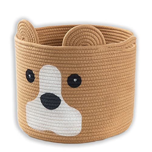 Medium Dog Woven Baskets with Handle, Dog Toy Hamper, Cotton Rope Dog Toy Storage Baskets for Pet, Animal Basket for Kids, Baby Gift Baskets for Dog Lovers, Khaki - color: Brown-yellow