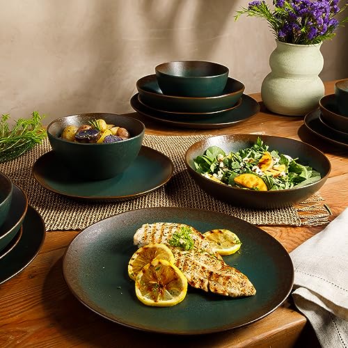 Two Time Oprah's Favorite Things Winner - Palermo Sun Double Bowl Stoneware Reactive Glaze Plates and Bowls Dinnerware Set - Agave Blue, Service for Four (16pcs) - color: Agave Blue