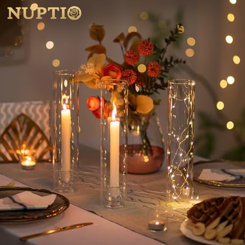 NUPTIO Hurricane Glass Candle Holders for Wedding - 12" H Set of 10 | Clear Candle Stick Taper Holders with Cylinder Shade -Tall Candlestick Candleholder for Fall Thanksgiving Christmas Decor