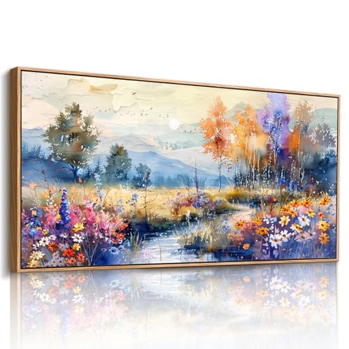imjiayu Colorful Wildflower Canvas Wall Art Mountain Meadow Landscape Print | 20x40 Inch, Framed Panoramic Art, Boho Nature Style Home Decor for Living Room, Bedroom, Office, Watercolor Floral Canvas - color: Watercolor Landscape, size: 40"L x 20"W