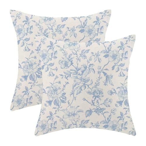 Vintage Floral Pillow Covers 16 x 16 Inch Set of 2, Baby Blue Chinoiserie Flower Decorative Throw Pillow Covers Outdoor Linen Farmhouse Decor Pillowcase for Home Sofa - color: Baby Blue1, size: 16" x 16" (Pack of 1)