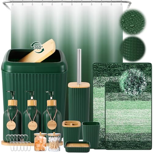 32PCS Dark Green Bathroom Accessories Set with Shower Curtain,Rugs,Trash Can,3PCS Lotion Soap Dispenser, Toothbrush Holder, Soap Dish,Tumbler Cup,6PCS Wood Tags Bath Accessories with Tray for Bathroom - size: Bath Set+Shower Curtain+Bath Rugs, style: Dark