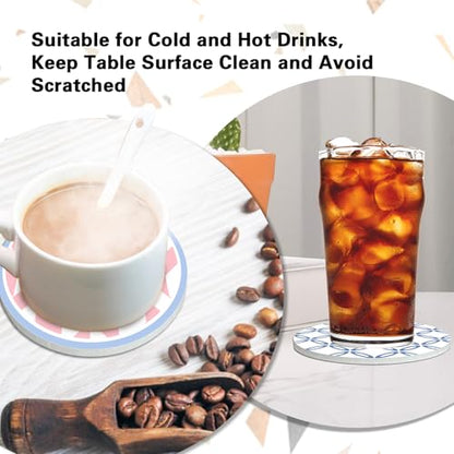 Pink Blue Geometric Ceramic Coasters with Holder Set of 6 | Modern Abstract Art Absorbent Drink Cup Mat for Coffee Table Protection, 4'' Minimalist Home Kitchen Decor Housewarming Gifts