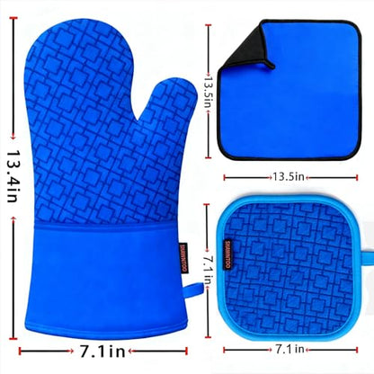 Oven Mitts and Pot Holders Sets 6pcs, Kitchen Oven Glove,High Heat Resistant 550 Degree Extra Long Oven Mitts and Potholders with Non-Slip Silicone Surface for Home Essentials (Grey) (Navy Blue) - color: Navy Blue