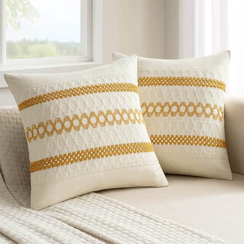 MIULEE Set of 2 Mustard Yellow Boho Decorative Pillow Covers 16x16 Inch | Fall, Boho Farmhouse Modern Couch Throw Pillows, Cotton Cushion Covers, Macrame Woven Home Decor for Bed Sofa Chair - color: Mustard Yellow, size: 16" x 16" (Pack of 2)