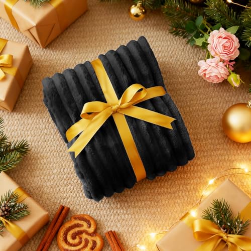 Nookly Black Twin Size Fleece Blanket, Soft Lightweight Ribbed Plush Bed Blanket, Cozy All-Season Striped Fleece Twin Throw for Bedroom and Home, 60x80 Inches - color: Black, size: Twin(60"x80")