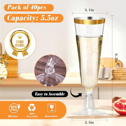 40 Pack Plastic Champagne Flutes with Gold Rim, 5.5 Oz Clear Disposable Plastic Champagne Glasses, Wine Glasses Cups for Wedding Celebration Birthday Party Wine Tasting New Years Eve Party Supplies - color: Gold Rim, size: 40-pack